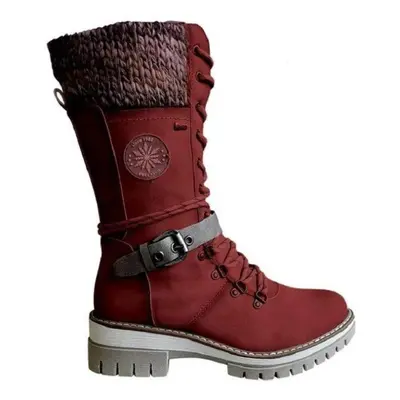 (red, 38) Women&apos;s Solid Color Trendy Boots, Side Zipper Buckle Belt Knitted Rim Boots, Non-