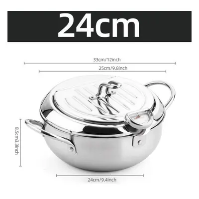 (24cm) Kitchen Deep Frying Pot With Thermometer And Lid Stainless Steel Pans Japanese Tempura Fr