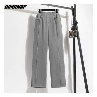 (grey, 4XL) Dimanaf Plus Size Winter Long Pants Women Elastic Solid Casual Loose Full Length Bas