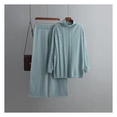 (malachite,blue, OneSize) Autumn Winter Oversized High Neck Long Sleeve Solid Color Casual Set W