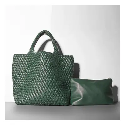 (dark green) Pu Leather Bucket Bag For Women Soft Leather Tote Bag Shoulder Bag Luxury Knitting 