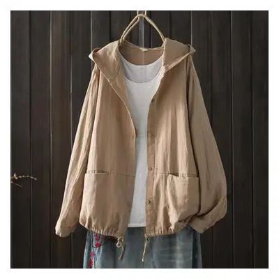 (khaki, One Size) Women Oversized Thin Jacket Solid Color Loose Double Layered Cotton Shirt Card