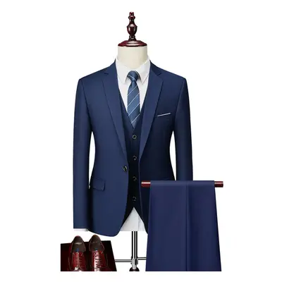 (navy blue , M) Men's Business Casual Suit Three Piece Suit