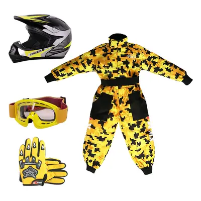 (Yellow, S) ZORAX X19 Kids Motocross MX Helmet Motorbike Camo Suit Karting Gloves Goggles