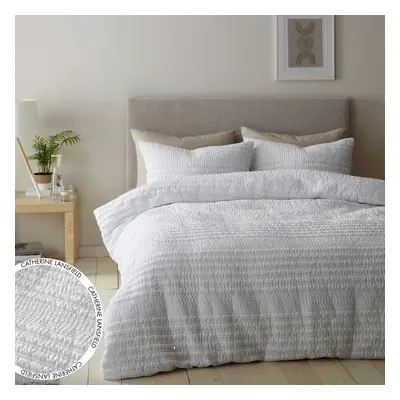 (Super King) Catherine Lansfield Lennon Stripe Duvet Cover Bedding Bed Set White