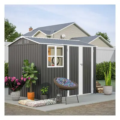 (8X6FT, Anthracite) BIRCHTREE Outdoor Garden Shed Steel Apex Roof Tool With Doors Window Foundat