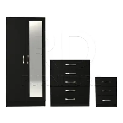 Ready assembled Pcs Classic Door Mirrored Wardrobe, chest And Bedside Set Black