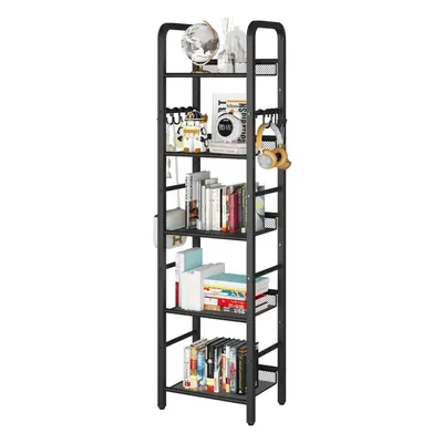 (146 cm | Black) Bookshelf, Bookcase, 5-Tier Storage Shelf, Metal Shelving Unit, 8Pcs Hooks, Mod