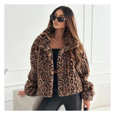 (brown, 2XL) Autumn Long Sleeve Leopard Print Plush Short Jacket Women Elegant Winter Thick Velv