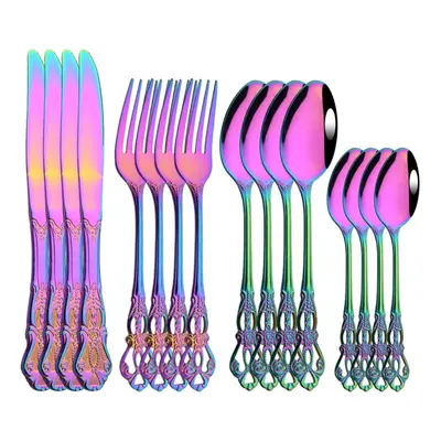 (multicolor) 16pcs Royal Gold Dinnerware Mirror Polish Stainless Steel Tableware Knife Fork Spoo