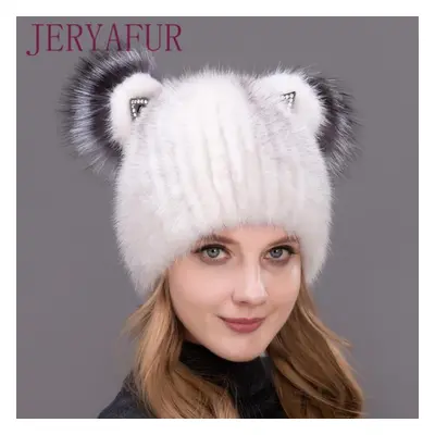 (white,black) Jeryafur Real Mink Fur Pompom Hat Female Fashion Fox Fur Winter Hats For Women Thi