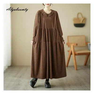 (dark brown, One Size) Plus Size Autumn Spring Women Oversized Dress Peter Pan Collar Black Gree