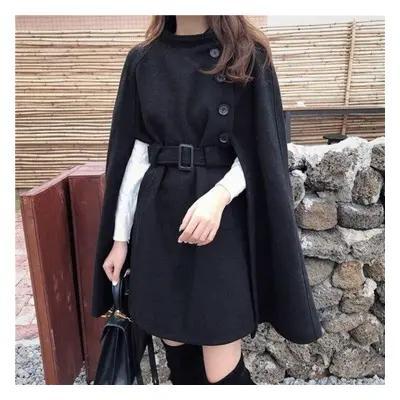 (black, One Size) Rugod Korean New Style Solid Color Loose Cape Coat Collect Waist Woolen Medium