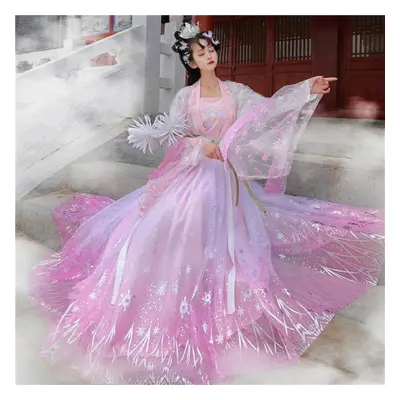 (pink, M) Sequins Gradient Shimmering Women Hanfu Traditional Chinese Dress Prom Formal Birthday