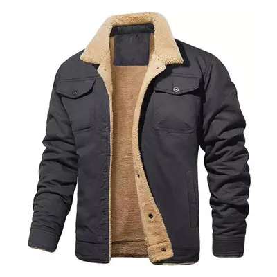 (dark grey, M) Winter Coat Fleece Cargo Jacket Pockets Lapel Collar Trucker Cotton Work Men