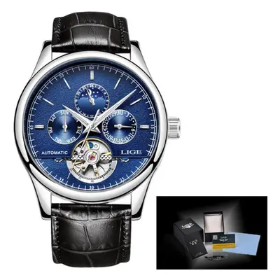 (Silver Blue) Lige Leather Strap Automatic Men Wrist Watch