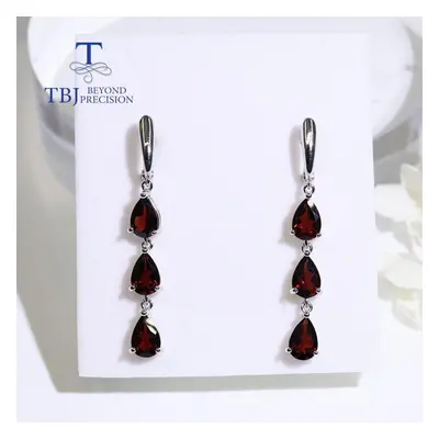 (red, L) Silver Long Earrings Natural Garnet Pear 6*9mm Sterling Silver Fashion Design Women Fin