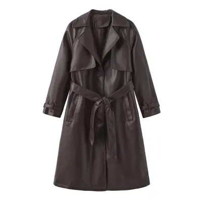 (brown, 2XL) Women's Coats Faux Leather Lapel Windbreaker Pu Loose Three Row Button Trench Coat 