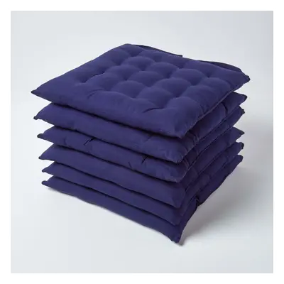 (Set of 6, Navy blue) Plain Seat Pad with Button Straps 100% Cotton