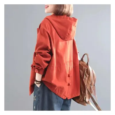 (orange, XS) Hooded Denim Jacket Women&apos;s Casual Clothing Spring Autumn Loose Fit Cropped Wo