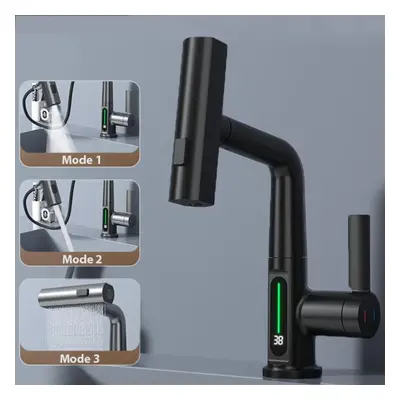 (black) Waterfall Temperature Digital Display Basin Faucet Lift Up Down Stream Sprayer Hot Cold 