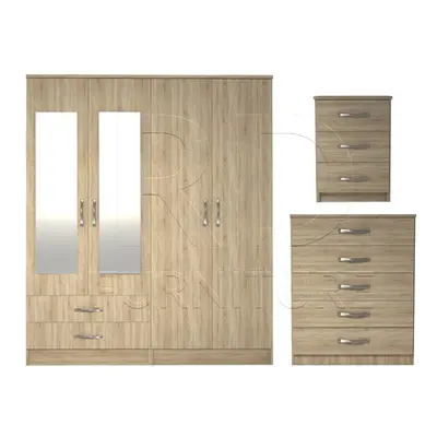 Ready assembled Pcs Classic Door Drawer Mirrored Wardrobe, Chest And Bedside Set Oak