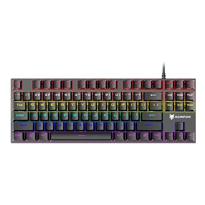 (Black) Mechanical Keyboard Keys Mixed-Color Keycaps Blue Switch USB Wired Rainbow Light 80% TKL