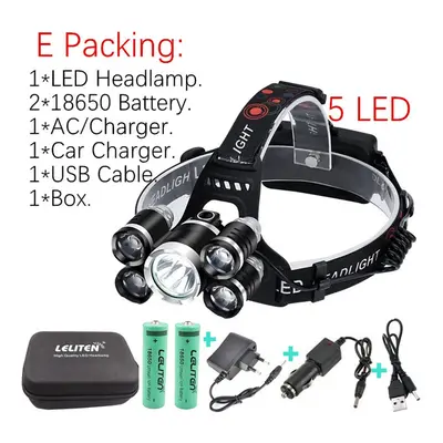 (No Zoom, E Packing -5LED) Rechargeable zoom led headlamp Fishing headlight Torch Hunting head l