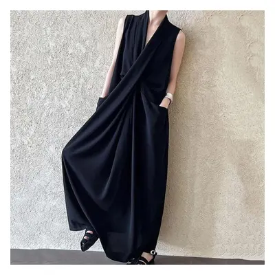 (black, One Size) Xitao Casual Solid Color Temperament Sleeveless Dress Gj1066