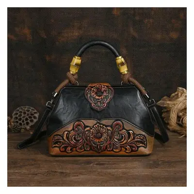 (black) Ladies Luxury Handbag New Vintage Handmade Leather Carved Women Tote Bag Versatile Femal