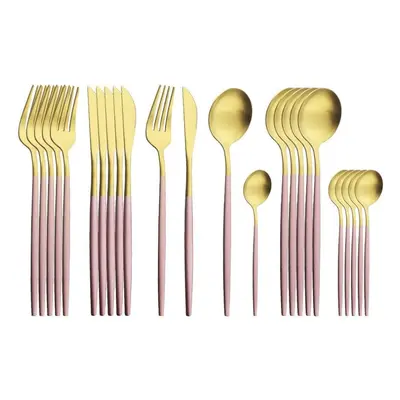 (pink,gold) 24pcs Gold Matte Cutlery Set Stainless Steel Dinnerware Set Silver Knife Fork Spoon 