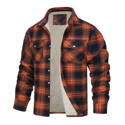 (orange, 3XL) Men Fall Winter Jacket Plaid Print Lapel Soft Plush Pockets Single-breasted Loose 