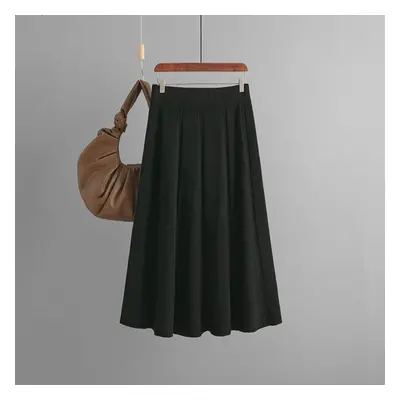 (black, One Size) Women Autumn Winter Thick Knitted Mid Length Skirt High Waist Twist A-line Str