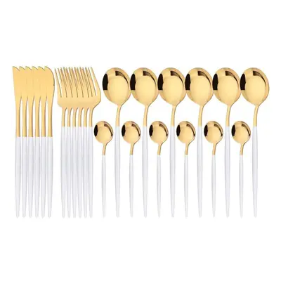 (white,gold) 24pcs Mint Gold Dinnerware Set Knife Fork Coffee Spoon Cutlery Western Stainless St