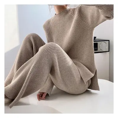 (camel, One Size) Side Slit Knitted Sweater Women Musilm Sets Warm Trousers Wide-leg Pants Two-p