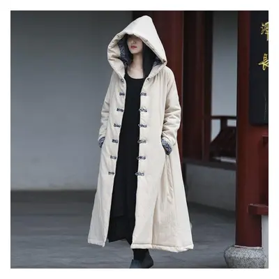 (beige, One Size) Johnature Women Cotton Linen Long Coats Winter A-line Vintage Button Pockets F