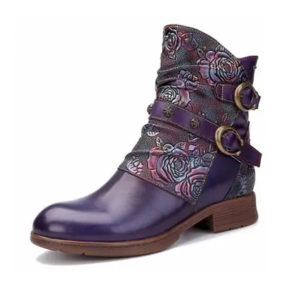 (purple, 39) Johnature Genuine Leather Shoes Women Boots Zip Winter Round Toe Print Handmade Con