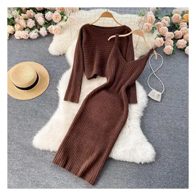 (brown, One Size) Women Autumn Winter Twist Crop Sweater Hip Dress Knit Set For Laides Solid Col