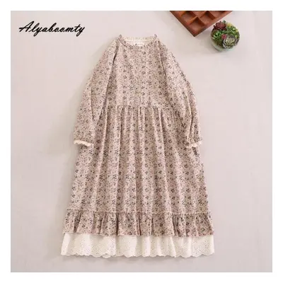 (apricot, One Size) Mori Girl Spring Autumn Women Retro Dress Stand Collar Blue Apricot Coffee F