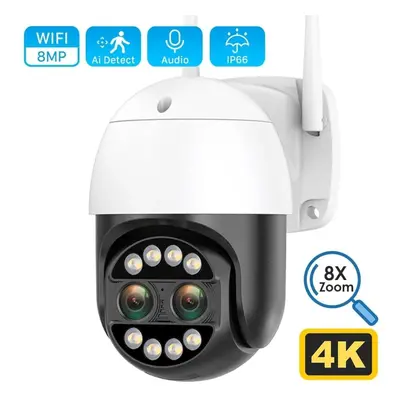 (UK Plug) 8mp 4k Ip Camera Wifi Security Cctv Camera Dual Lens Color Night Vision 8x Digital Zoo