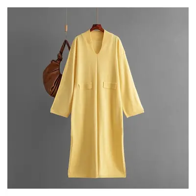 (yellow, One Size) Fall Winter Lazy Wind Loose V-neck Sweater Suit Women&apos;s Long Sleeve Knit