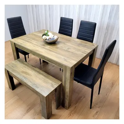 Wooden Dining Table Set for Rustic Effect Table With Black Leather Chairs and Bench