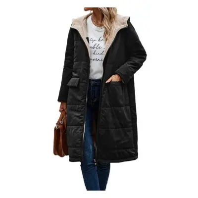 (black, S) Women Winter Splicing Long Coat Hooded Long Sleeve Fleece Lining Outwear Zipper Plack