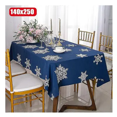 (Navy Blue, 140x250) Christmas Decorative Tablecloth Anti Wrinkle Linen Cotton Embroidered Holid