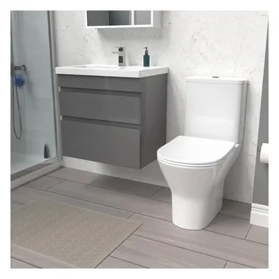 Nes Home 600mm Drawers Vanity Unit Wall Hung Steel Grey & Rimless Toilet Set