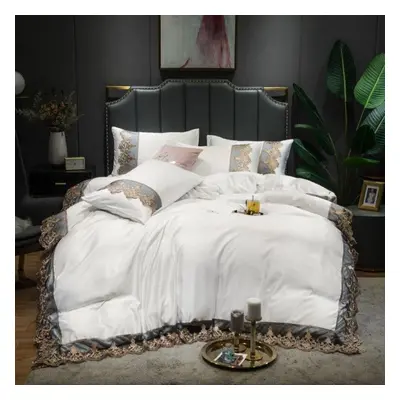 (white, Standard size) 4pcs Lace Bedding Set Duvet Cover Set With Flat Sheet Zipper Closure Twin