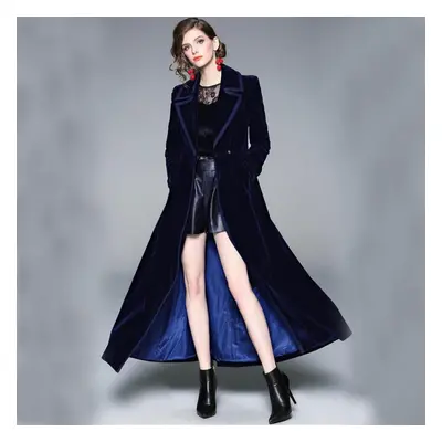 (blue, XXL) Women&apos;s Coat Winter Women Vintage Notched Collar Wrap Black Velvet Maxi Coat Th