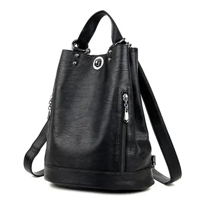 (black, One Size) Durable Fashion Women Pu Leather Black Bagpack Female Rucksack Shoulder Bag