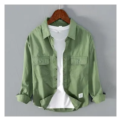 (green, XL) Korean Style Cargo Men Shirts Cotton Solid Color Shirt Spring Autumn Loose Casual To