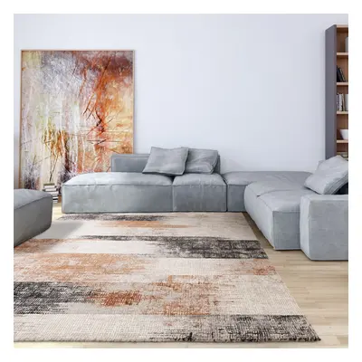 (Large 160x230cm) Kuza Lines Modern Distressed Rug in Terracotta Orange